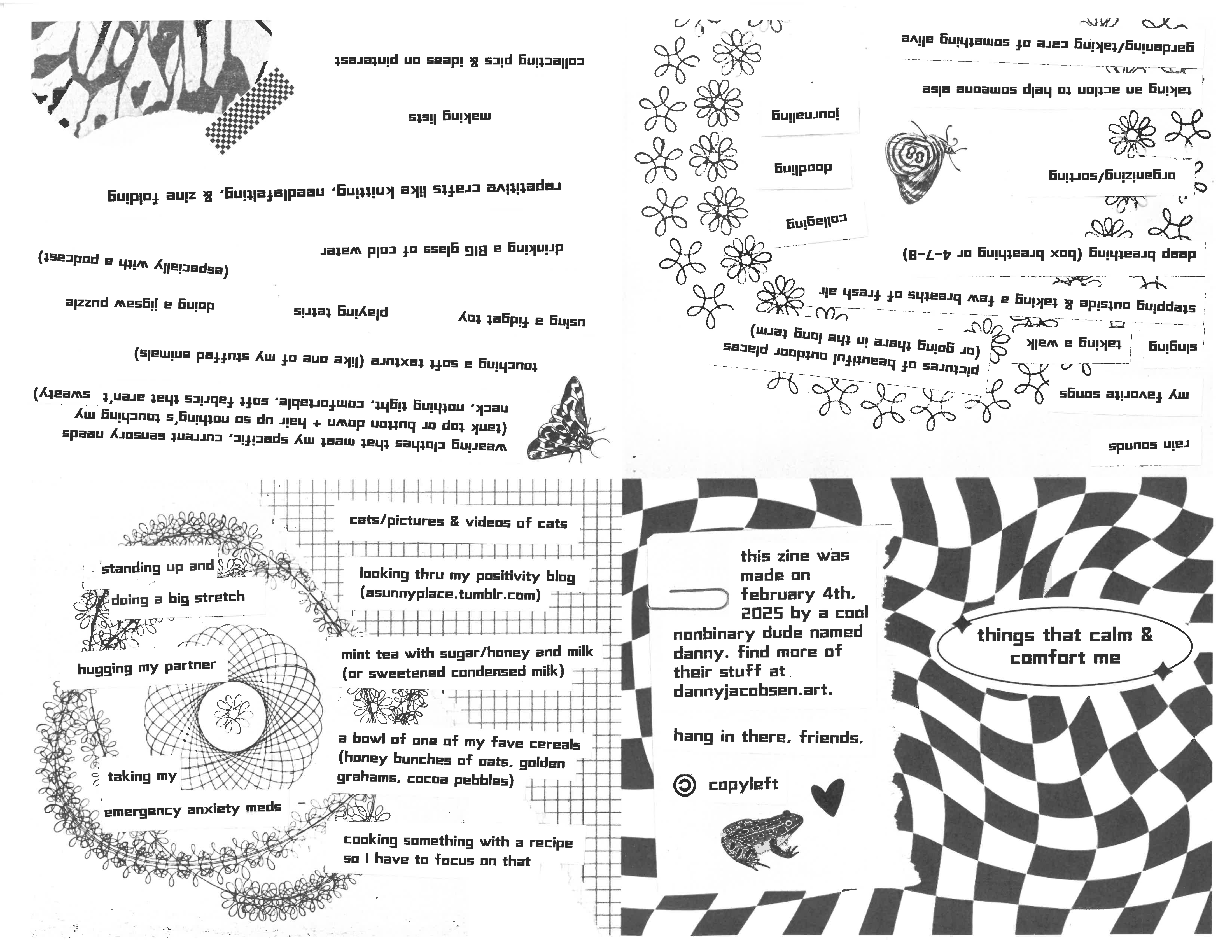 A printable 8 page minizine of a collaged list of things that calm & comfort me.