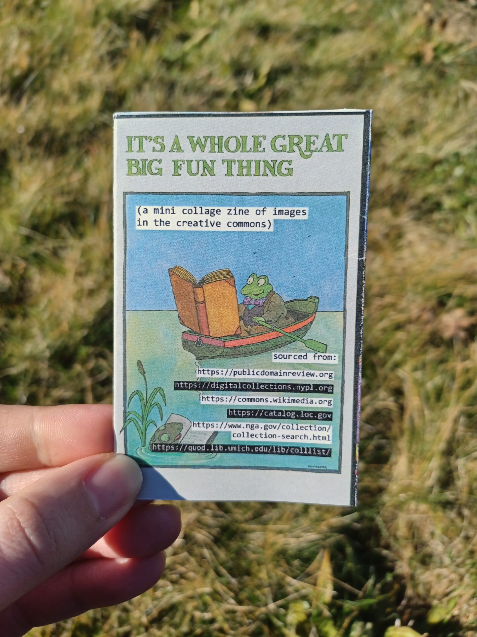 My hand holding a minizine with the title "it's a whole great big fun thing" in front of a grassy background.