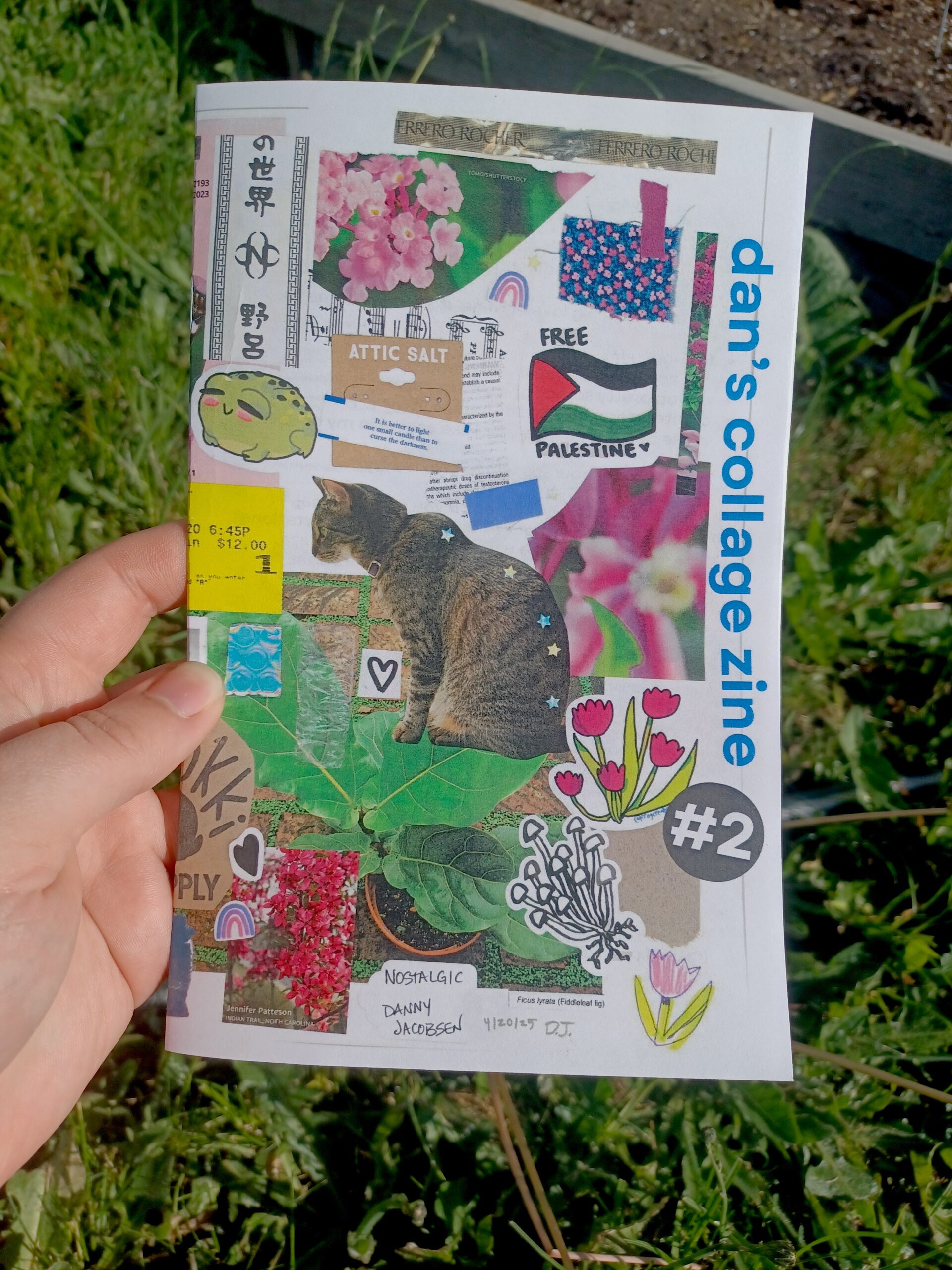 My hand holding a full size zine with the title "dan's collage zine #2" in front of a grassy background. Half of a collage is visible on the cover.