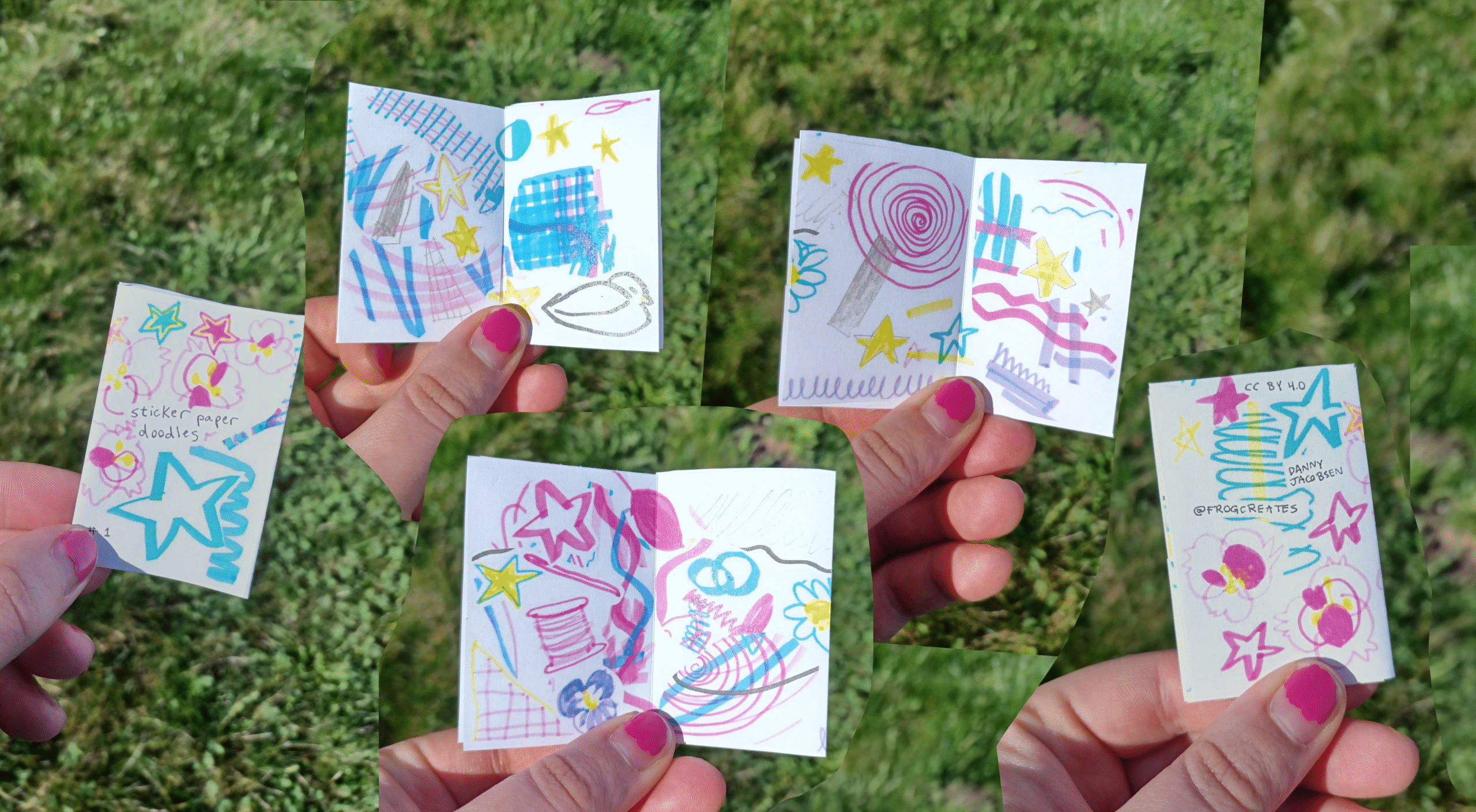 A pieced together image of my hand holding a tiny zine called "sticker paper doodles #1" (all pages are visible).