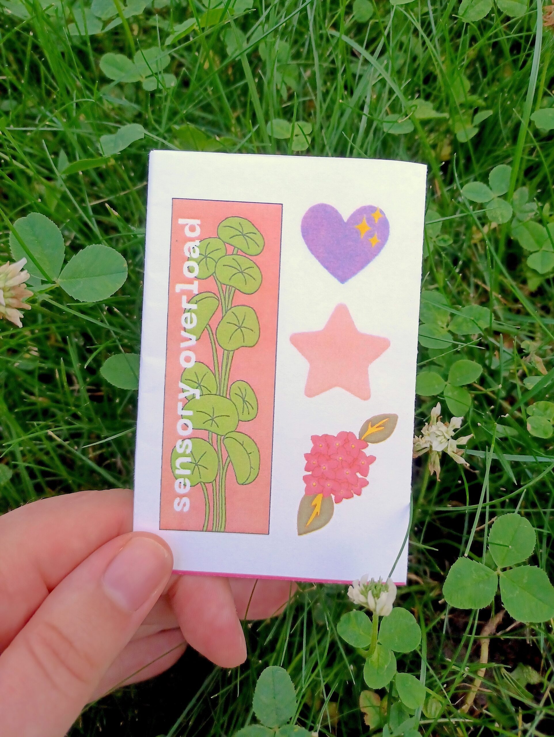 My hand holding a minizine with the title "sensory overload" in front of a grassy background.