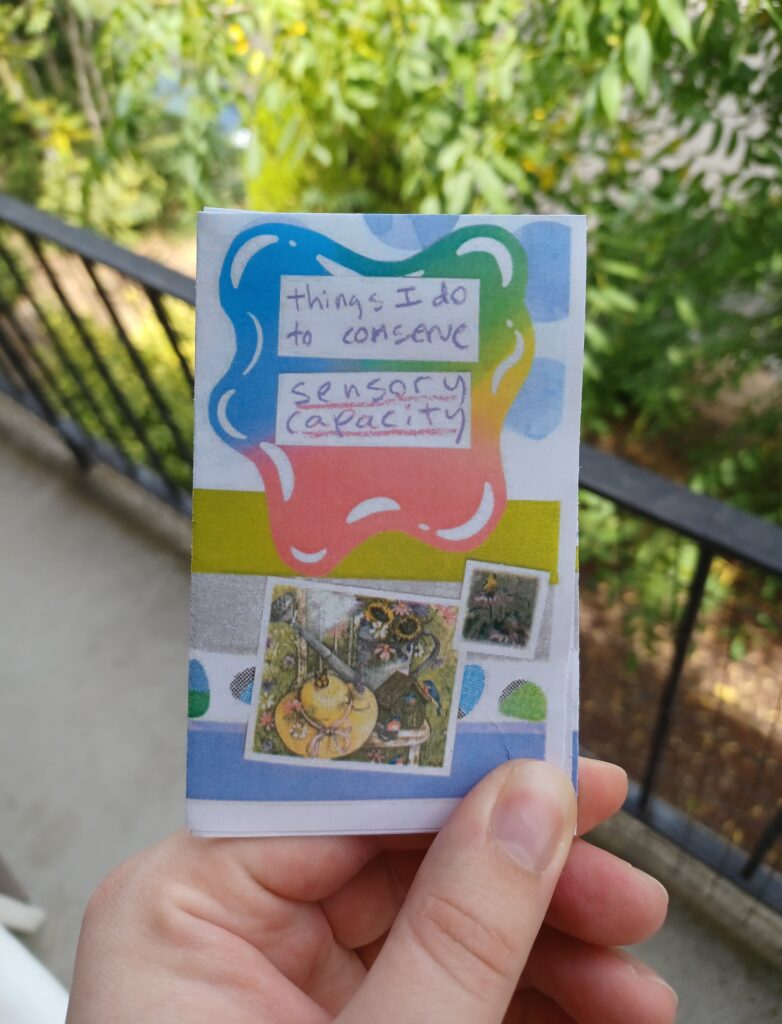 My hand holding a minizine with the title "things I do to conserve sensory capacity" in front of a blurry background with some trees and bushes.